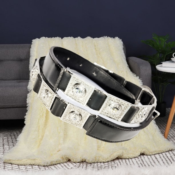 .👣4/$20. Black Leather Women's Belt and Silver Tone Accents  Buckle Rhinestones - Picture 3 of 7